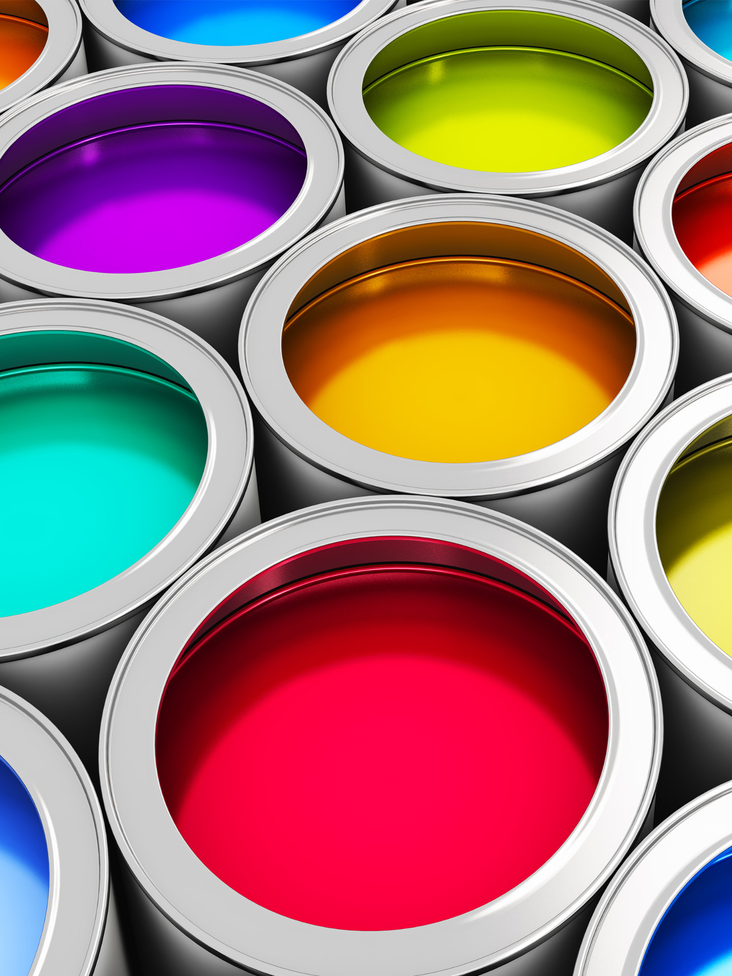 Colorful industrial paint cans with glossy coatings in cyan, green, red, amber and purple